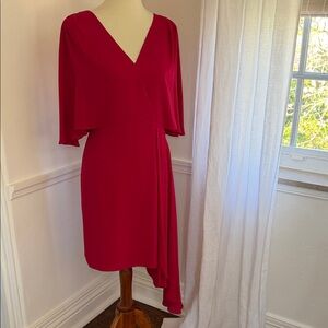 Elegant Halston Red V-Neck Midi Assymetrical Dress with Draped Overlay